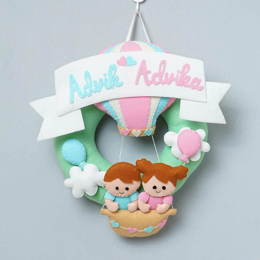 Personalized Felt Parachute Name Plate For Siblings - Front View Hanging Display