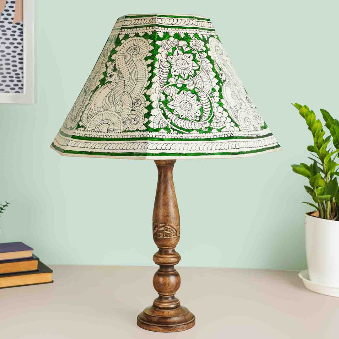 Green Floral Peacock Hand Painted Tholu Bommalata Lamp Shade | 16 inches