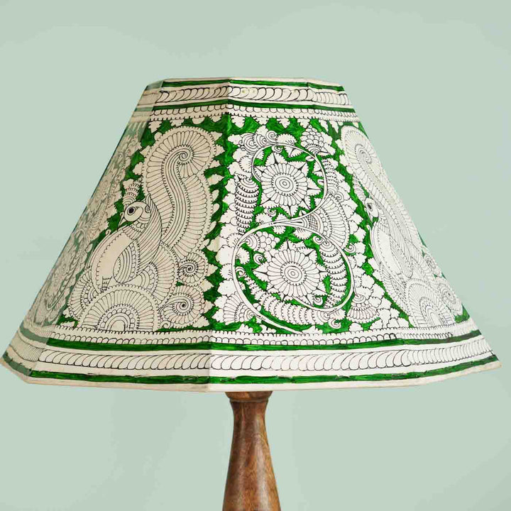 Green Floral Peacock Hand Painted Tholu Bommalata Lamp Shade | 16 inches