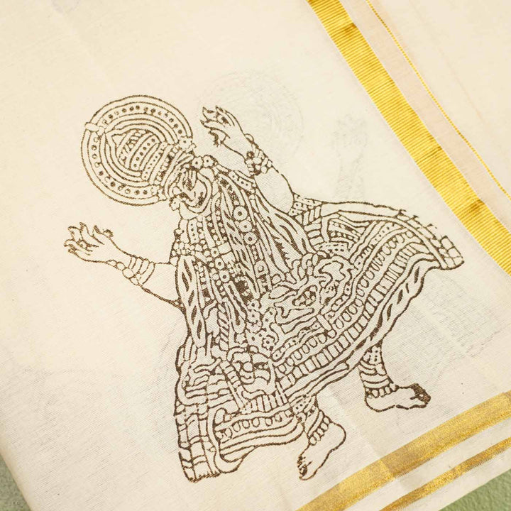 Kathakali Motif Dhoti | Hand Block Printed Traditional Kasavu Dhoti With Golden Zari | Onam Special | 3.5m