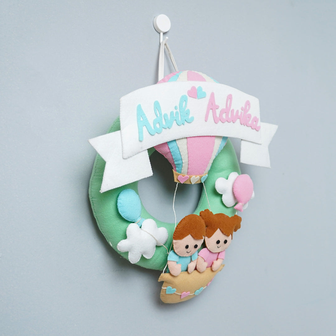 Personalized Felt Parachute Name Plate For Siblings - Hanging Side Angle Showing Personalization