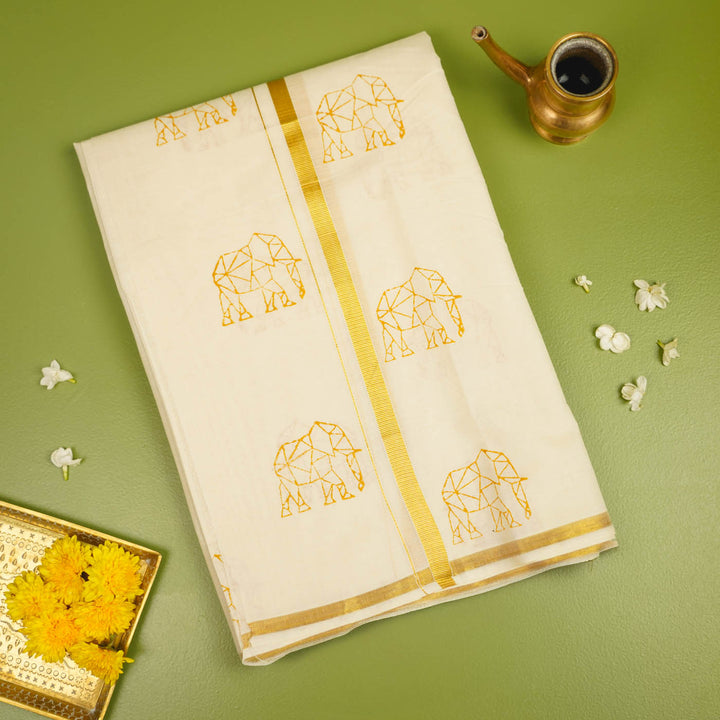 Elephant Motif Dhoti | Hand Block Printed Traditional Kasavu Dhoti With Golden Zari | Onam Special | 3.5m