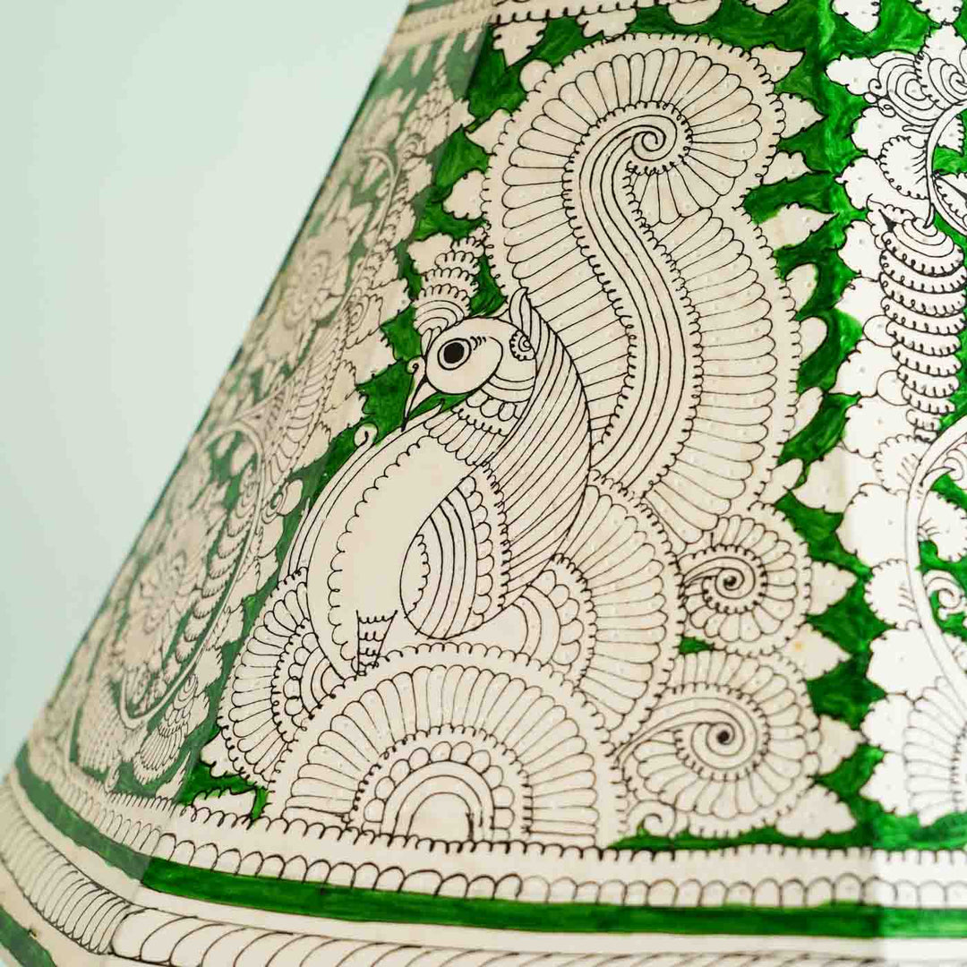 Green Floral Peacock Hand Painted Tholu Bommalata Lamp Shade | 16 inches