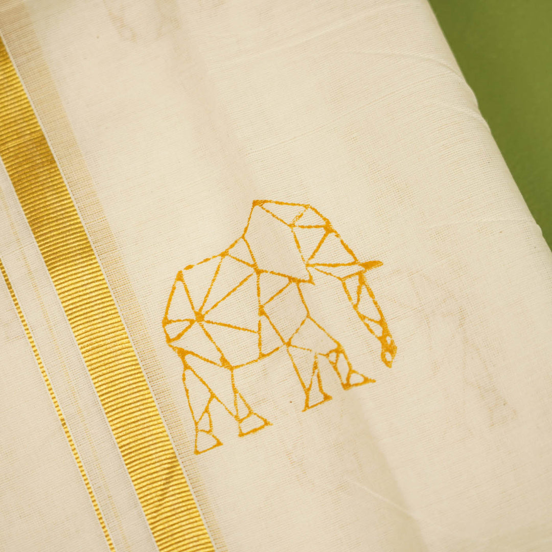 Elephant Motif Dhoti | Hand Block Printed Traditional Kasavu Dhoti With Golden Zari | Onam Special | 3.5m