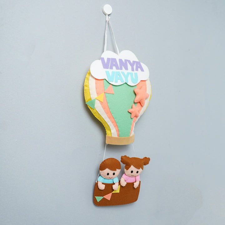 Personalized Felt Bunny Parachute Theme Nameplate For Siblings - Hanging Front View with Name Personalization