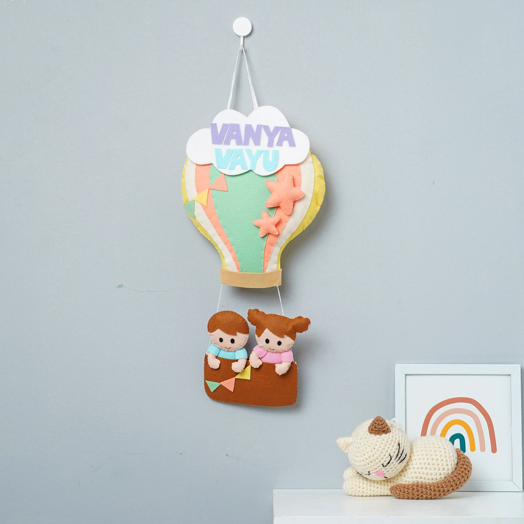 Personalized Felt Bunny Parachute Theme Nameplate For Siblings - Hanging on Wall with Toys Nearby