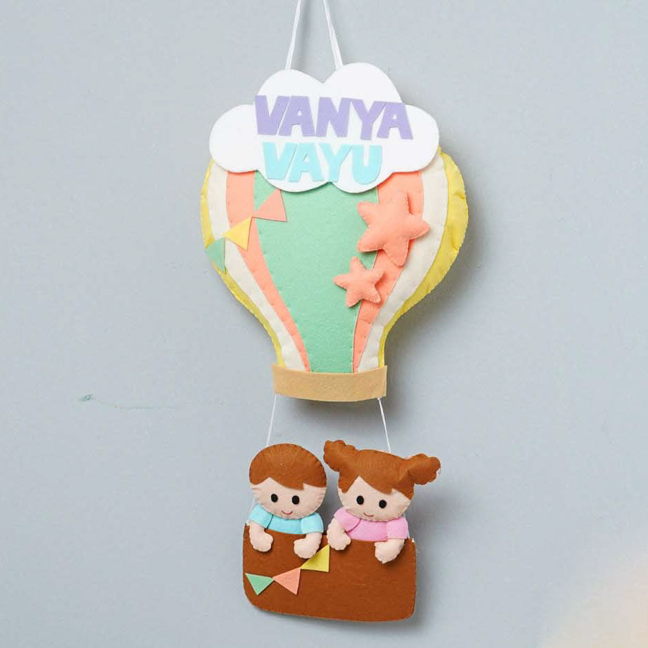 Personalized Felt Bunny Parachute Theme Nameplate For Siblings - Hanging Nursery Decoration Front View