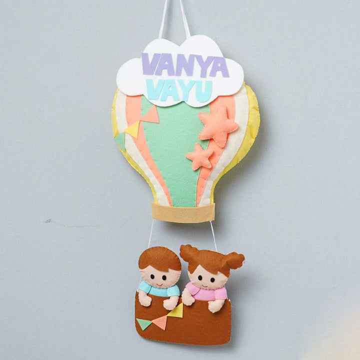 Personalized Felt Bunny Parachute Theme Nameplate For Siblings - Hanging Nursery Decoration Front View