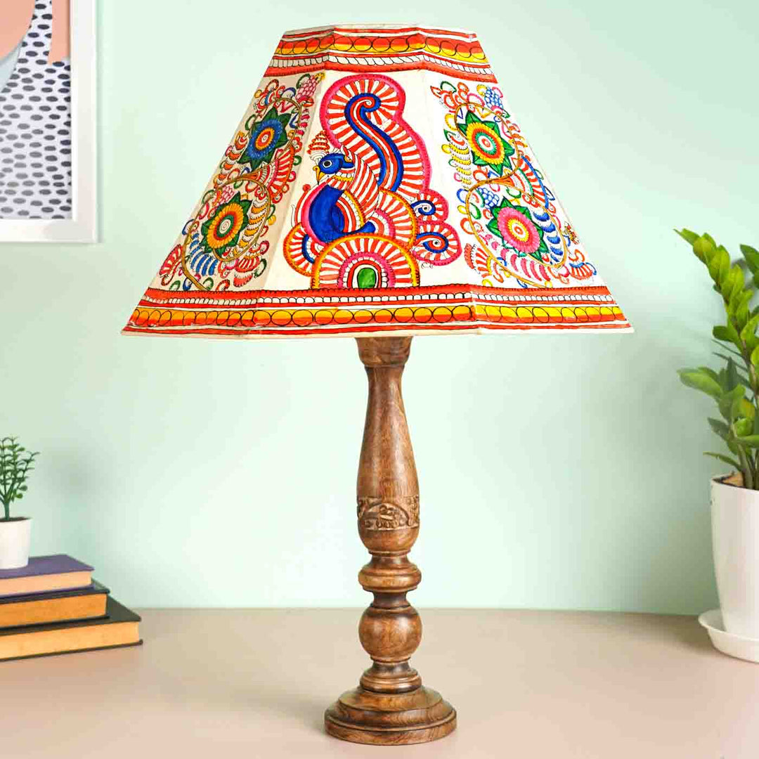 Muticolor Floral Peacock Hand Painted Tholu Bommalata Lamp Shade | 16 inches