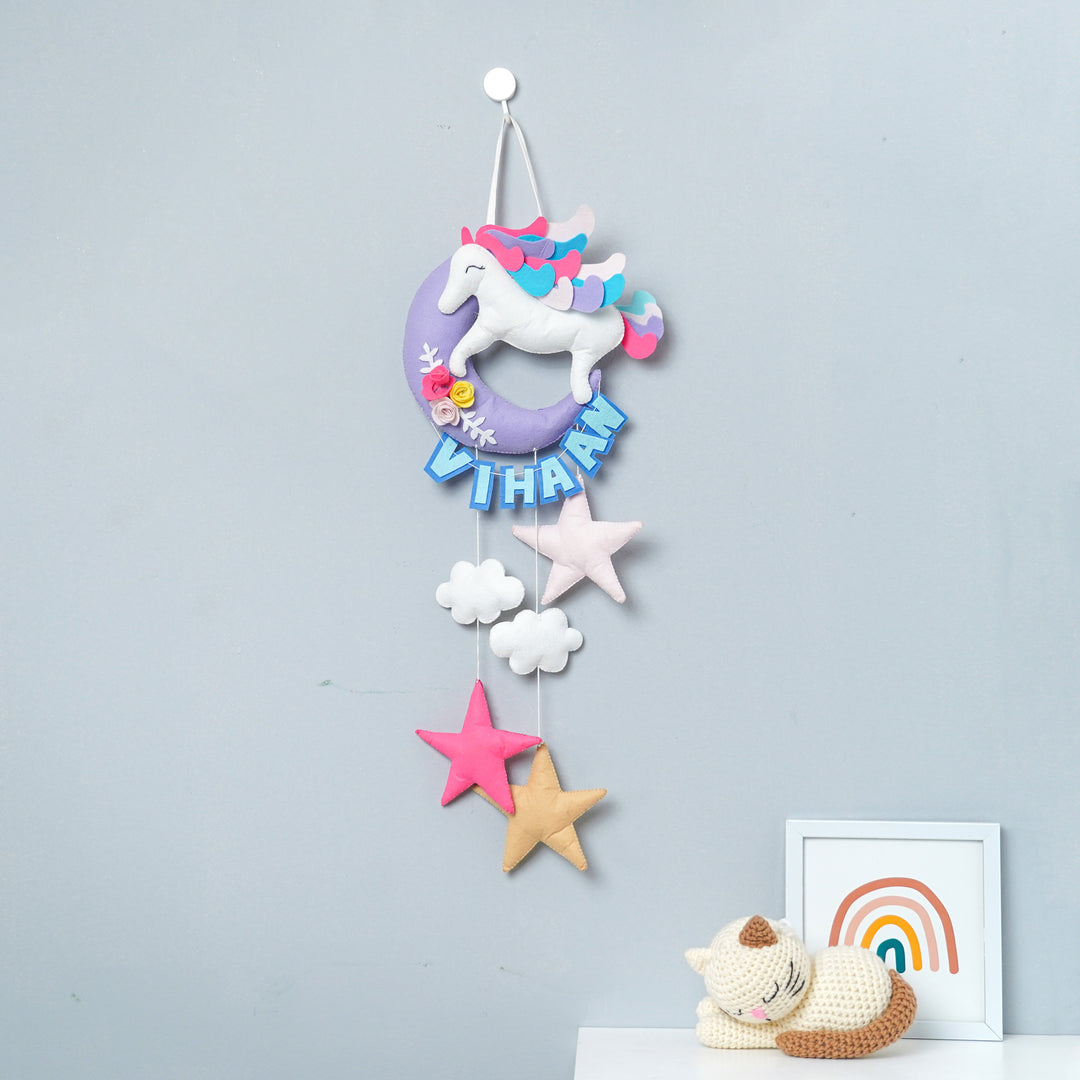 Handmade Unicorn On The Moon Kids Felt Name Hanging With Birthdate - Hanging Display on Wall Hook
