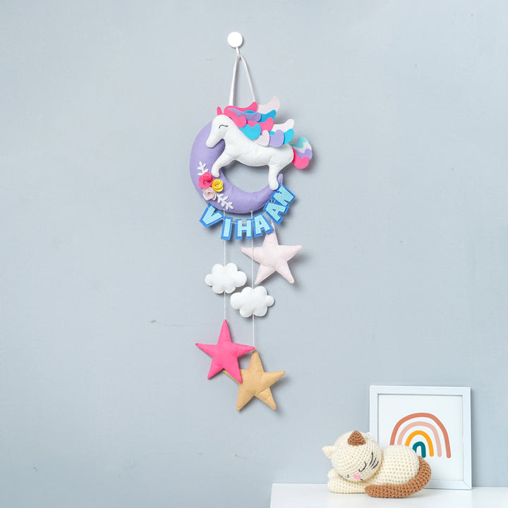 Handmade Unicorn On The Moon Kids Felt Name Hanging With Birthdate - Hanging Display on Wall Hook