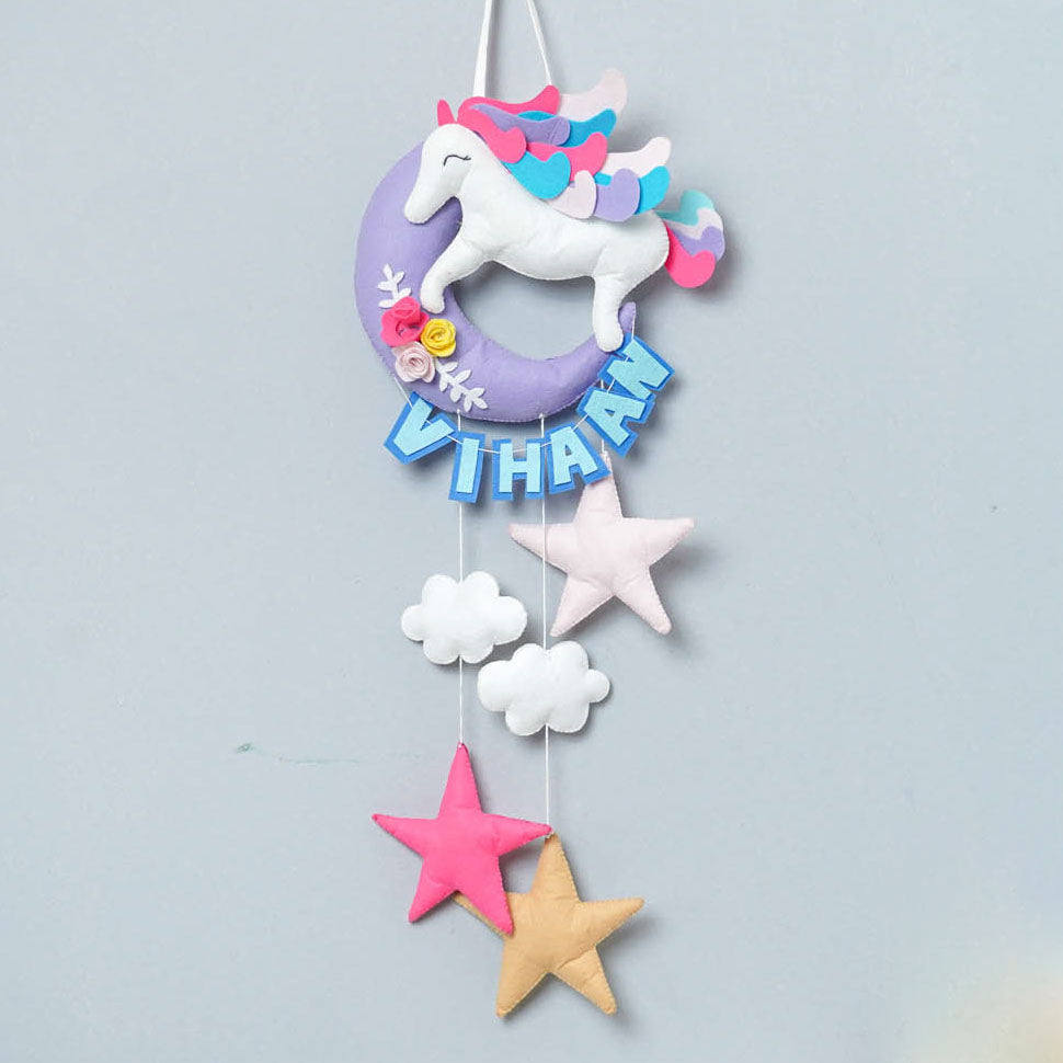Handmade Unicorn on the Moon Kids Felt Name Hanging