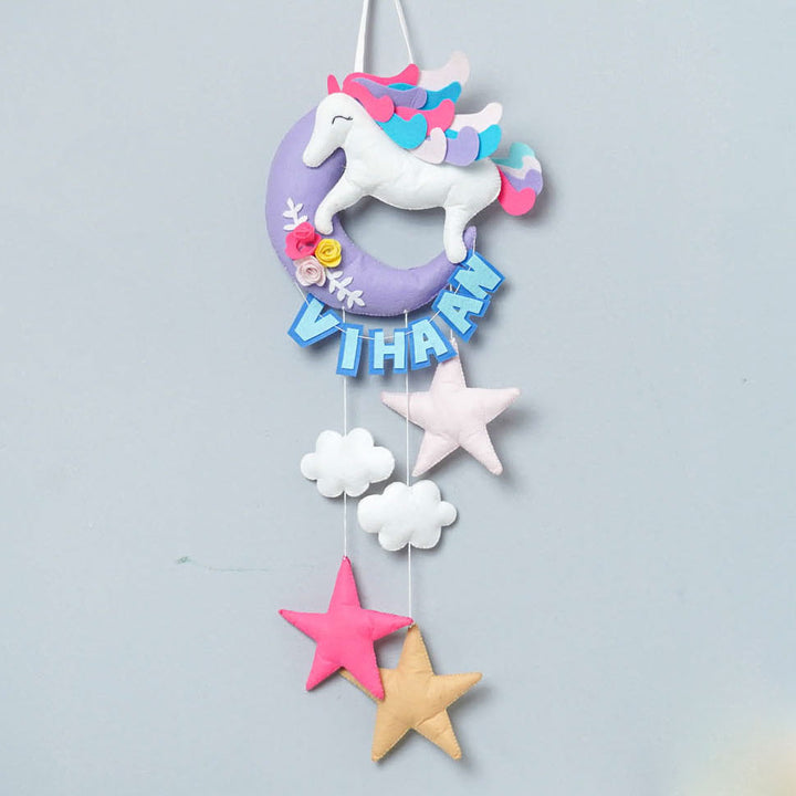 Handmade Unicorn On The Moon Kids Felt Name Hanging With Birthdate - Front View Hanging on Wall