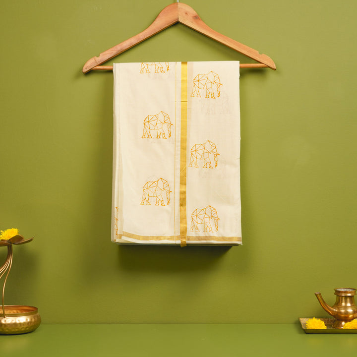 Elephant Motif Dhoti | Hand Block Printed Traditional Kasavu Dhoti With Golden Zari | Onam Special | 3.5m