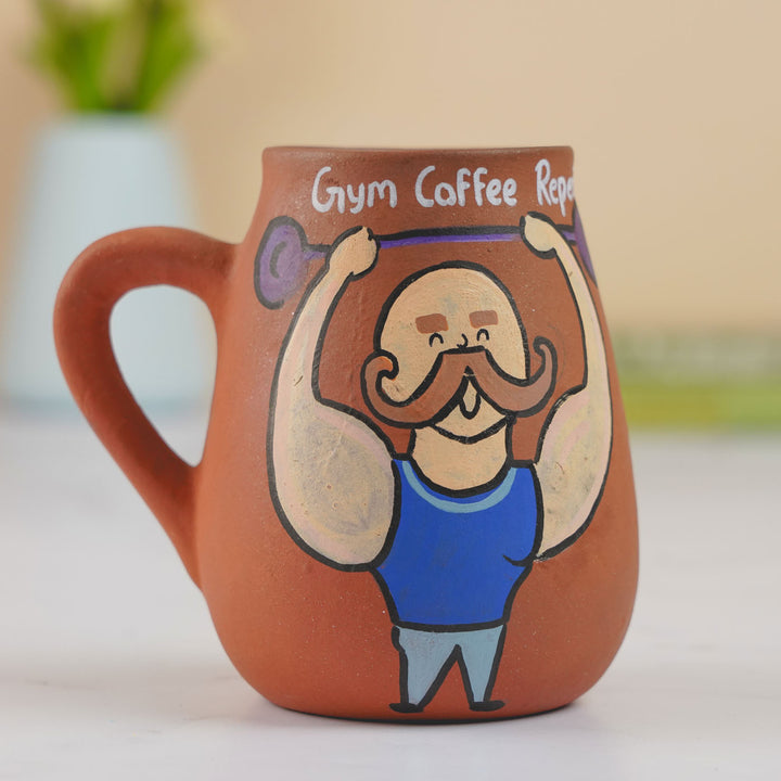 Handpainted Terracotta Mug With Body Builder Avatar Illustrations