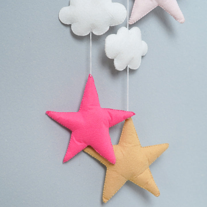 Handmade Unicorn On The Moon Kids Felt Name Hanging With Birthdate - Close-up Hanging Stars and Clouds