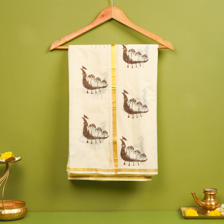 Brown Boat Hand Block Printed Traditional Kasavu Dhoti With Golden Zari | Onam Special | 3.5m