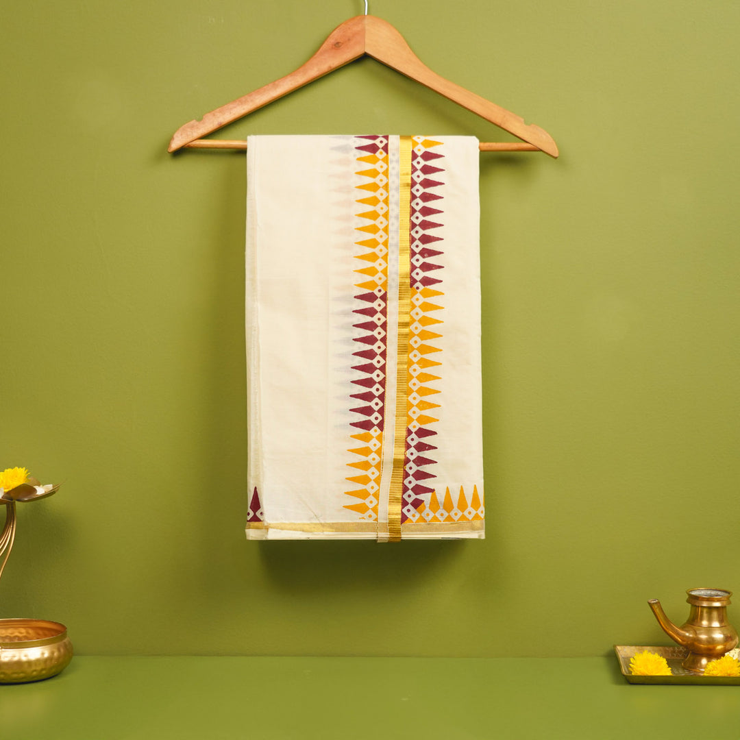 Temple Motif Dhoti | Hand Block Printed Traditional Kasavu Dhoti With Golden Zari | Onam Special | 3.5m