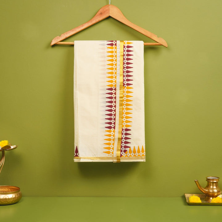 Temple Motif Dhoti | Hand Block Printed Traditional Kasavu Dhoti With Golden Zari | Onam Special | 3.5m