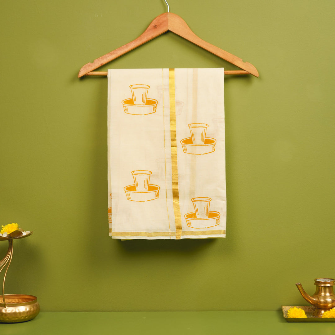 Filter Coffee Motif Dhoti | Hand Block Printed Traditional Kasavu Dhoti With Golden Zari | Onam Special | 3.5m
