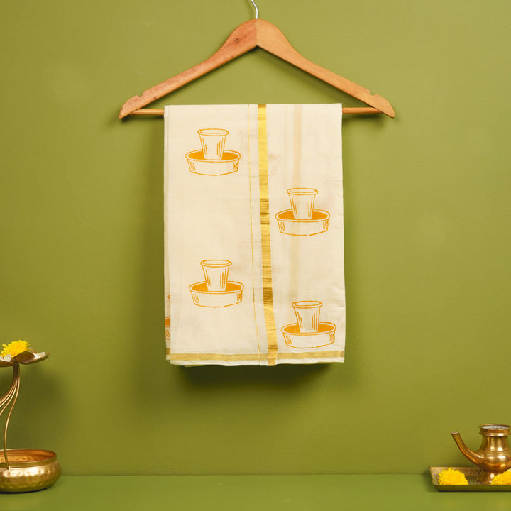Filter Coffee Motif Dhoti | Hand Block Printed Traditional Kasavu Dhoti With Golden Zari | Onam Special | 3.5m