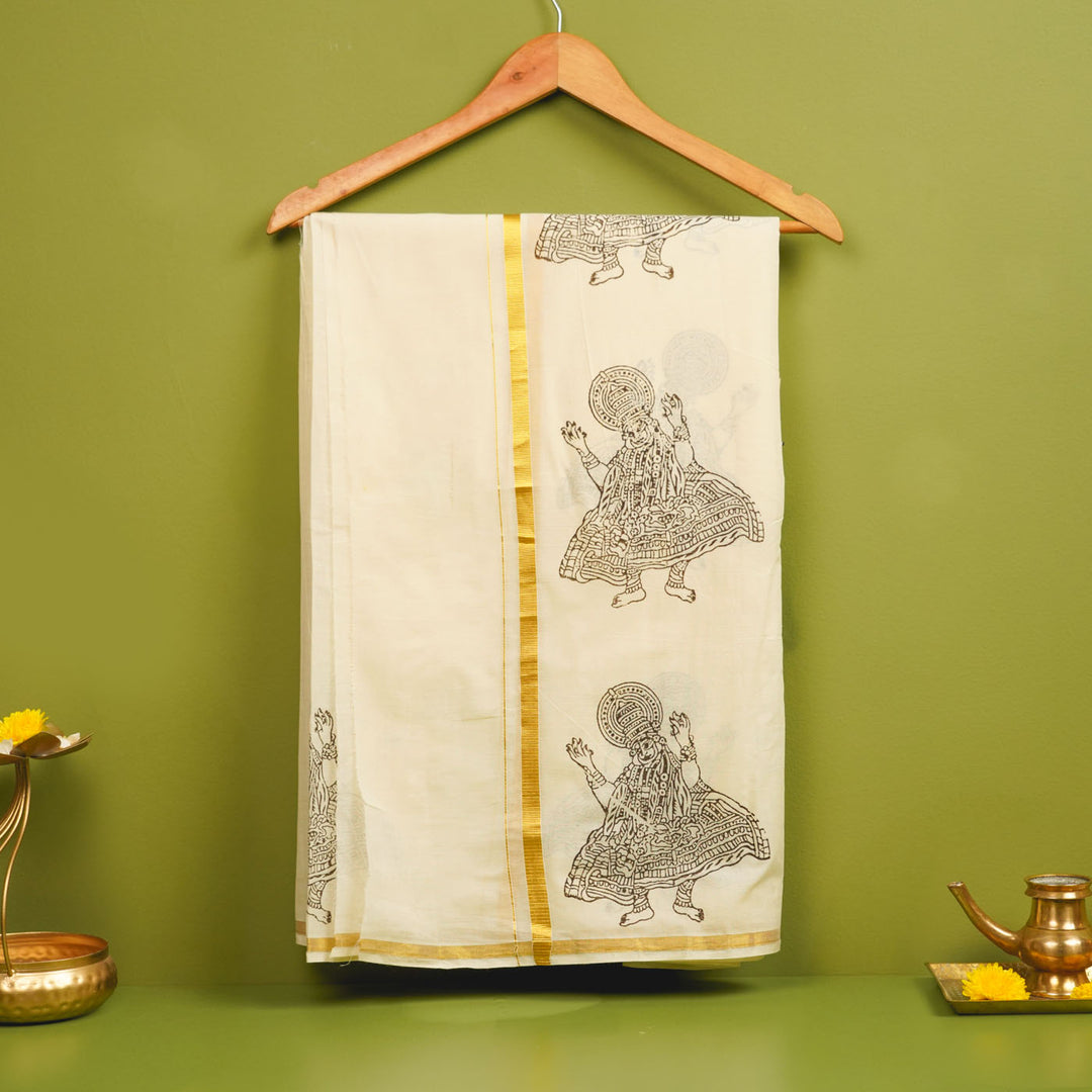 Kathakali Motif Dhoti | Hand Block Printed Traditional Kasavu Dhoti With Golden Zari | Onam Special | 3.5m