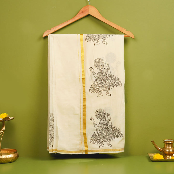 Kathakali Motif Dhoti | Hand Block Printed Traditional Kasavu Dhoti With Golden Zari | Onam Special | 3.5m