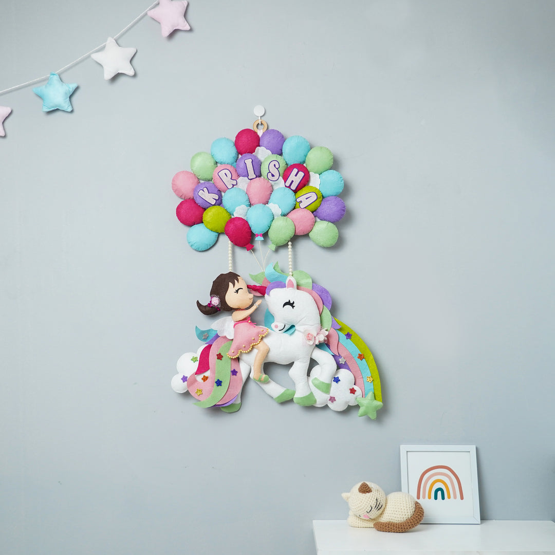 Handcrafted Personalized Felt Name Plate for Kids | Unicorn with Balloons