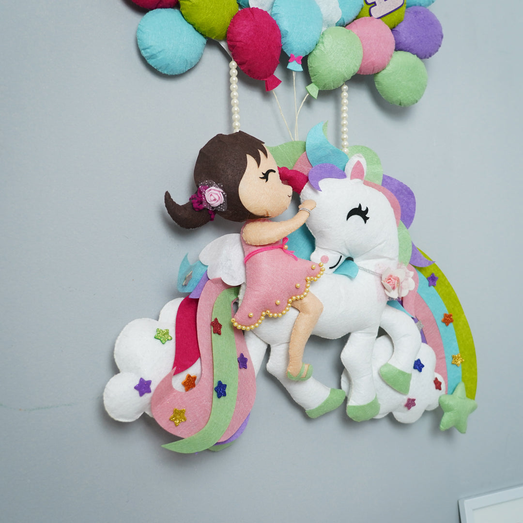 Handcrafted Personalized Felt Name Plate for Kids | Unicorn with Balloons