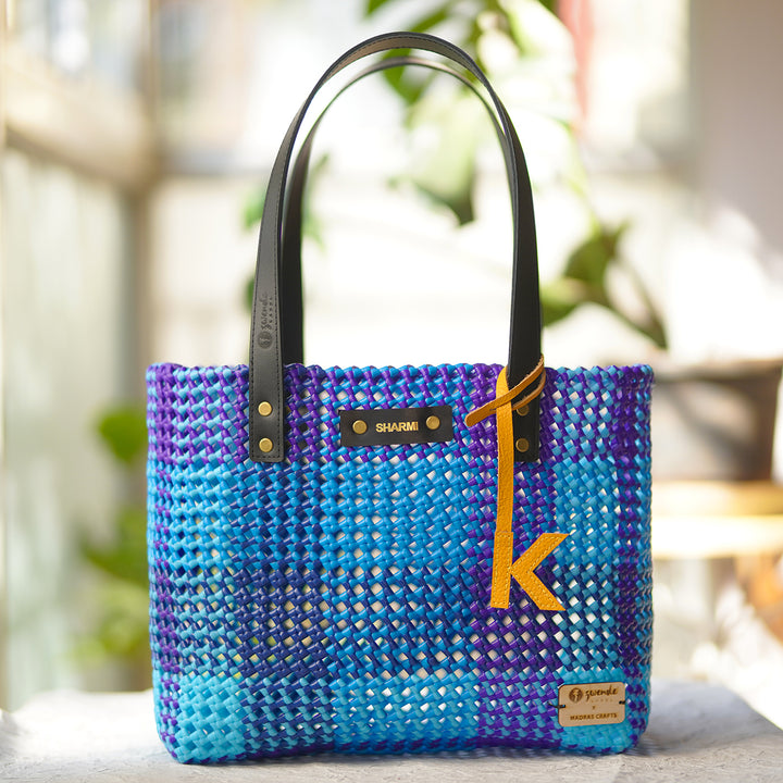 Blue Shades Checkered Handmade Wire Koodai Tote Bag