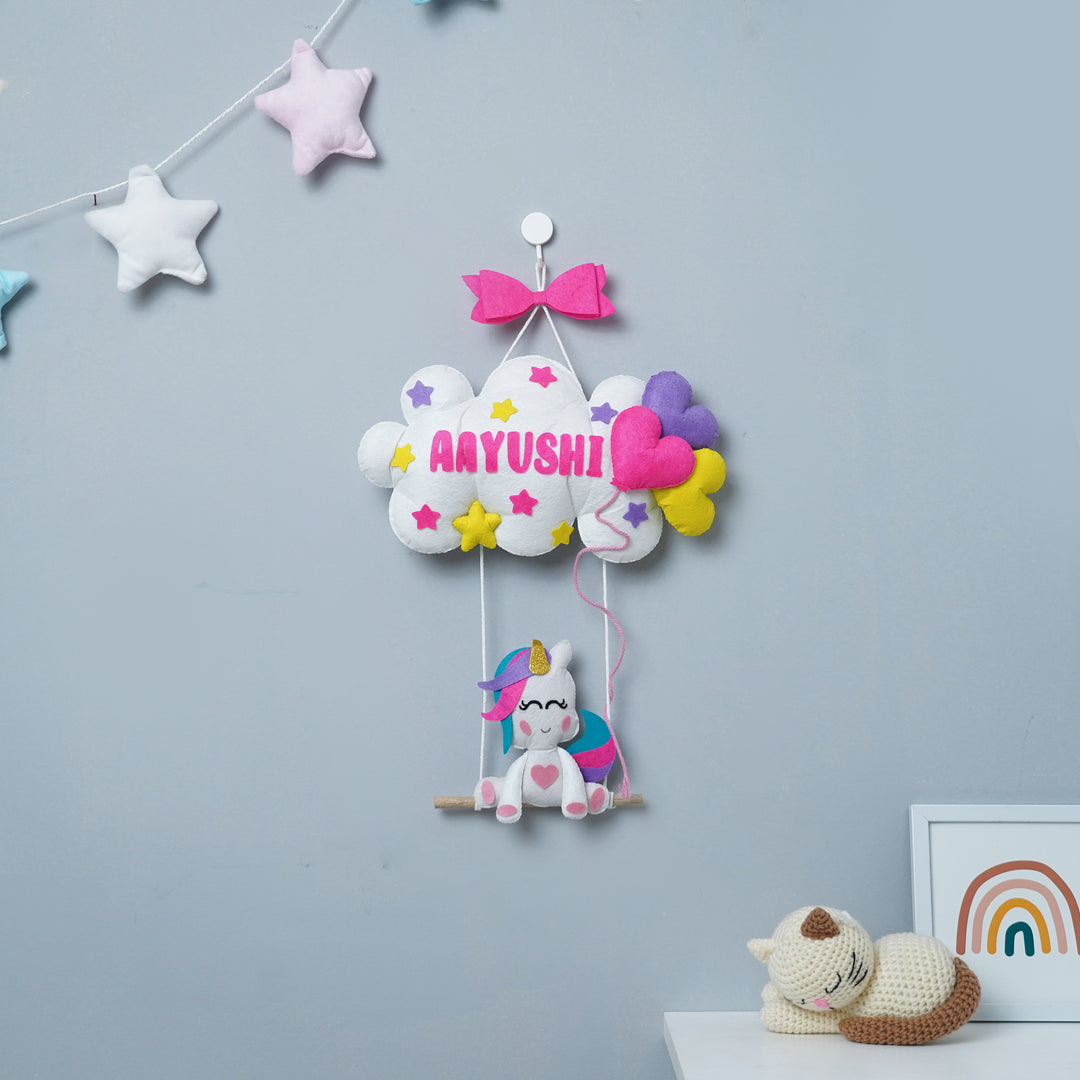 Handcrafted Personalized Unicorn on Swing Felt Name Plate for Kids