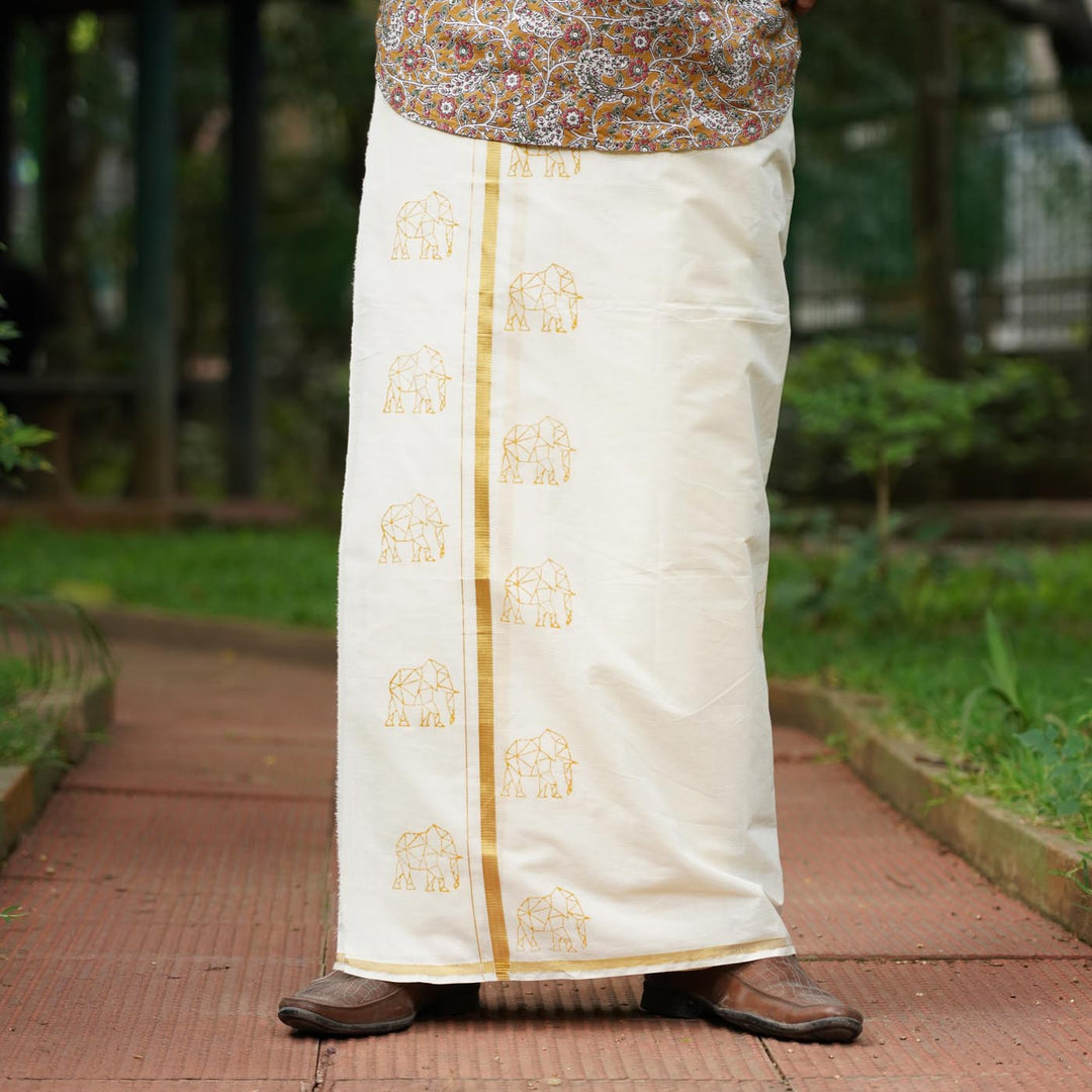 Elephant Motif Dhoti | Hand Block Printed Traditional Kasavu Dhoti With Golden Zari | Onam Special | 3.5m