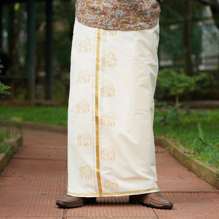 Elephant Motif Dhoti | Hand Block Printed Traditional Kasavu Dhoti With Golden Zari | Onam Special | 3.5m