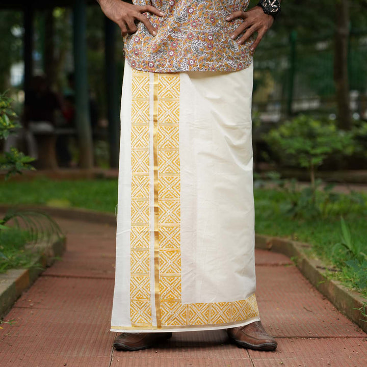 Mandala Motif Dhoti | Hand Block Printed Traditional Kasavu Dhoti With Golden Zari | Onam Special | 3.5m