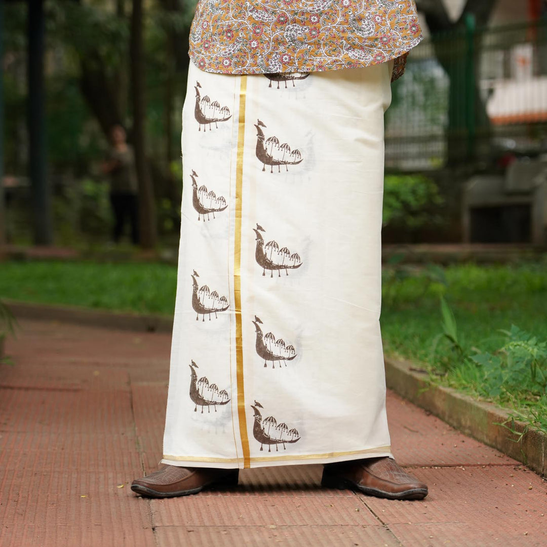 Brown Boat Hand Block Printed Traditional Kasavu Dhoti With Golden Zari | Onam Special | 3.5m
