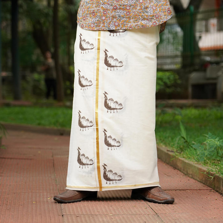 Brown Boat Hand Block Printed Traditional Kasavu Dhoti With Golden Zari | Onam Special | 3.5m