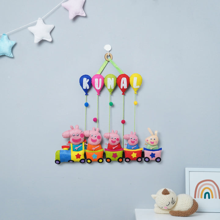 Handcrafted Personalized Felt Name Plate for Siblings | Peppa Train with Balloons
