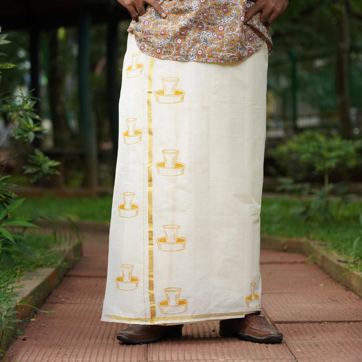 Filter Coffee Motif Dhoti | Hand Block Printed Traditional Kasavu Dhoti With Golden Zari | Onam Special | 3.5m