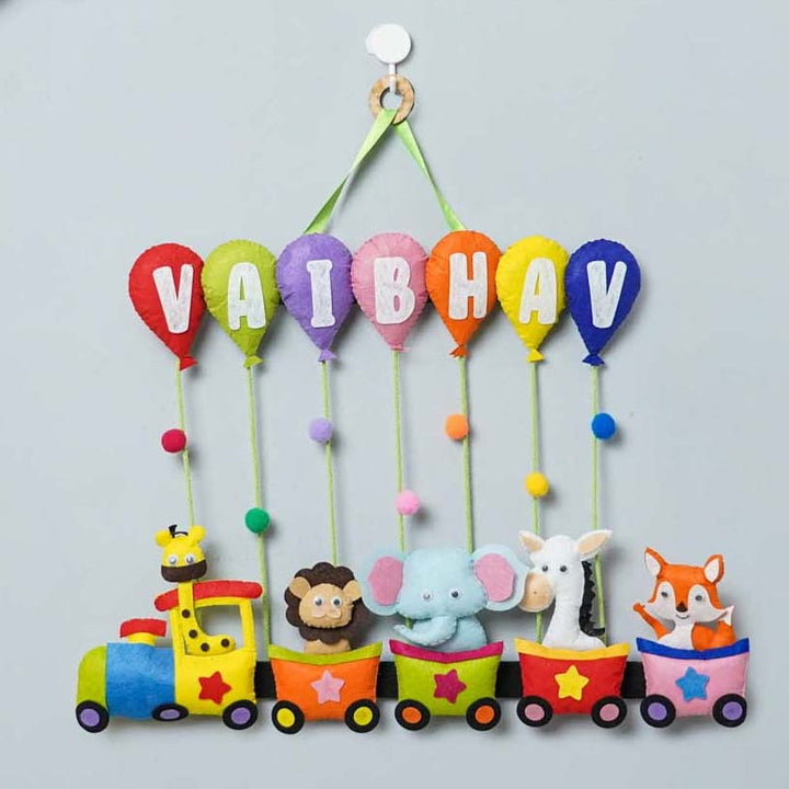 Handcrafted Personalized Felt Name Plate for Siblings | Animal Train with Balloons