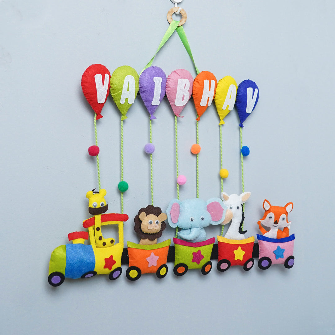 Handcrafted Personalized Felt Name Plate for Siblings | Animal Train with Balloons