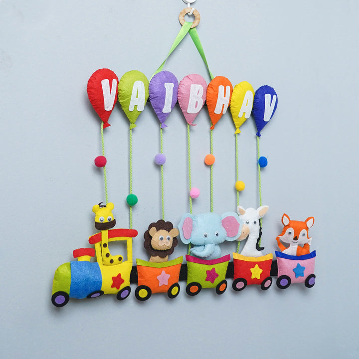 Handcrafted Personalized Felt Name Plate for Siblings | Animal Train with Balloons