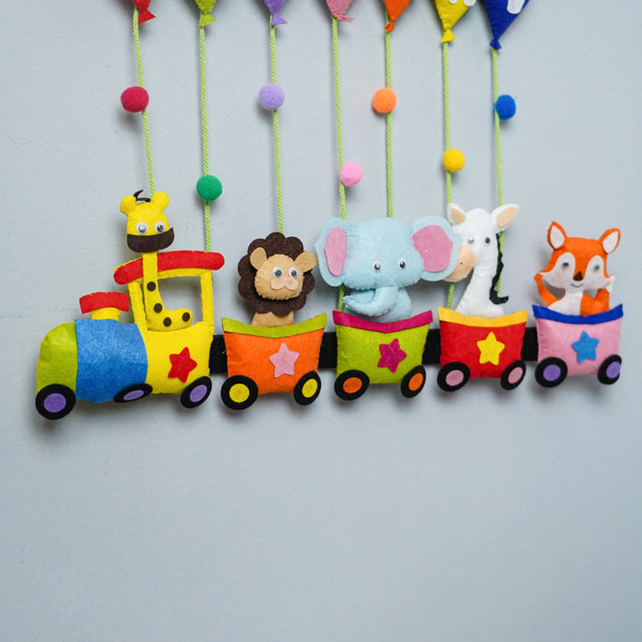 Handcrafted Personalized Felt Name Plate for Siblings | Animal Train with Balloons