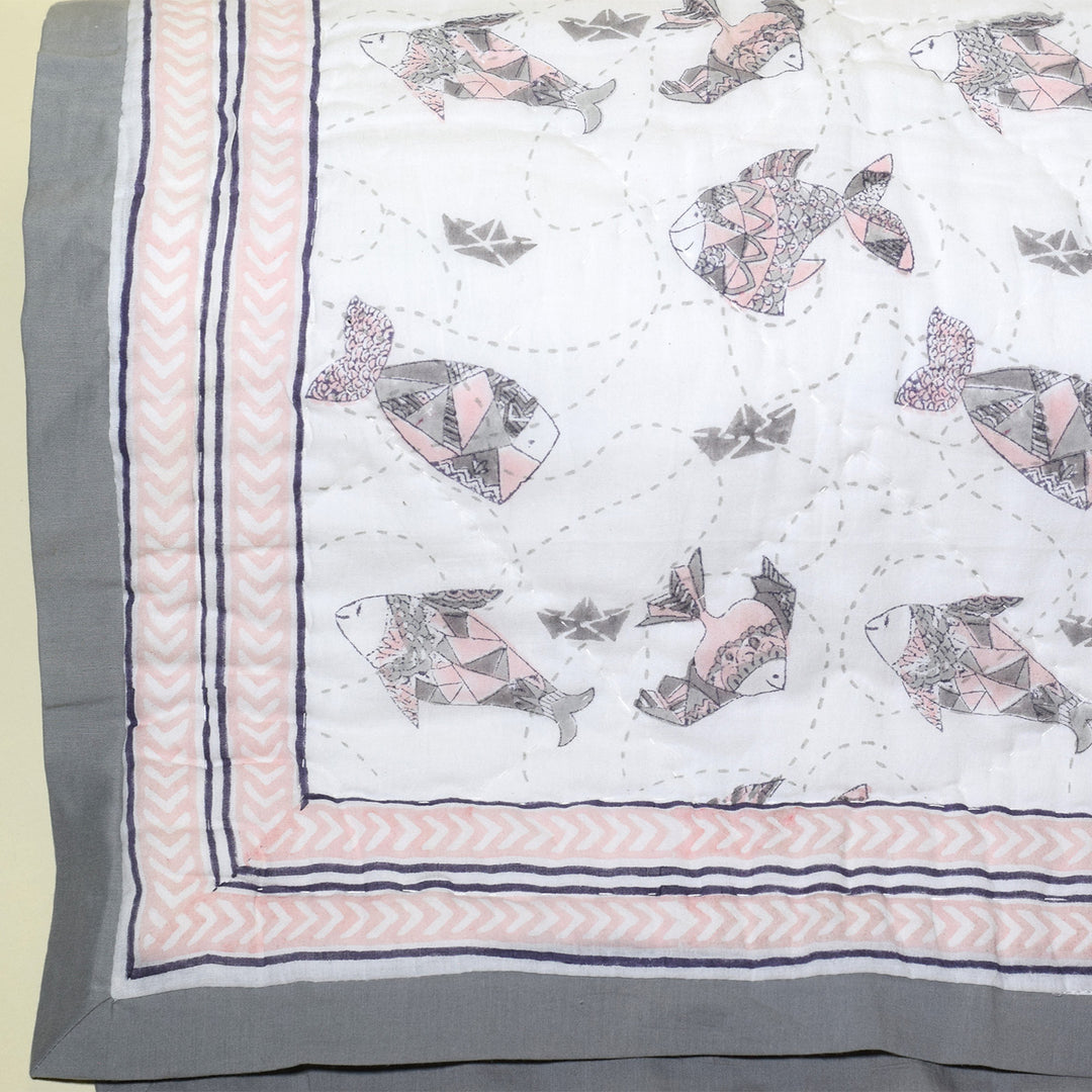 Hand Block Printed Greyscale Aquarium Quilt/Comforter