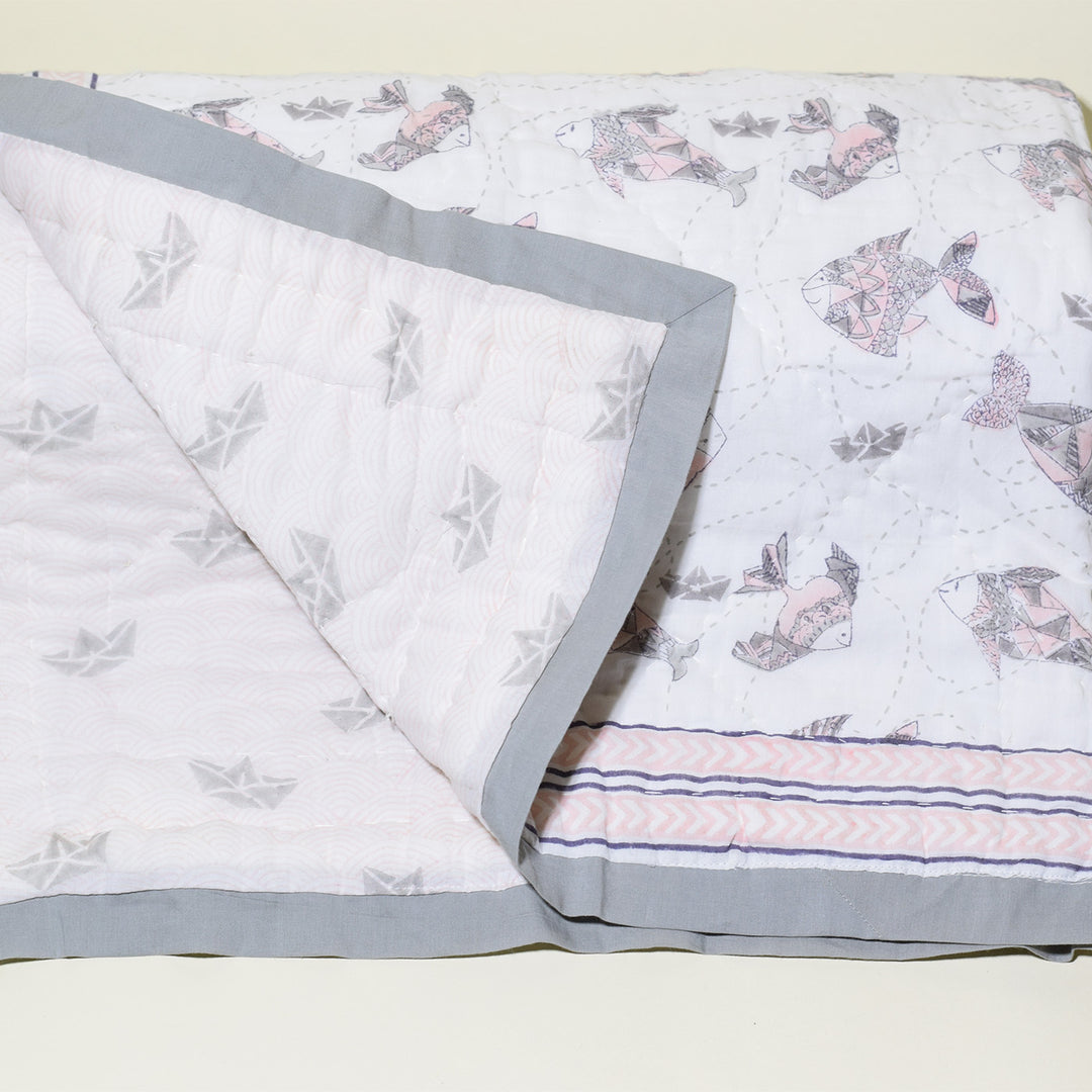 Hand Block Printed Greyscale Aquarium Quilt/Comforter