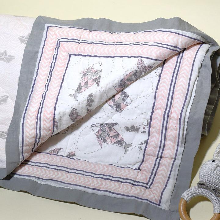 Hand Block Printed Greyscale Aquarium Quilt/Comforter