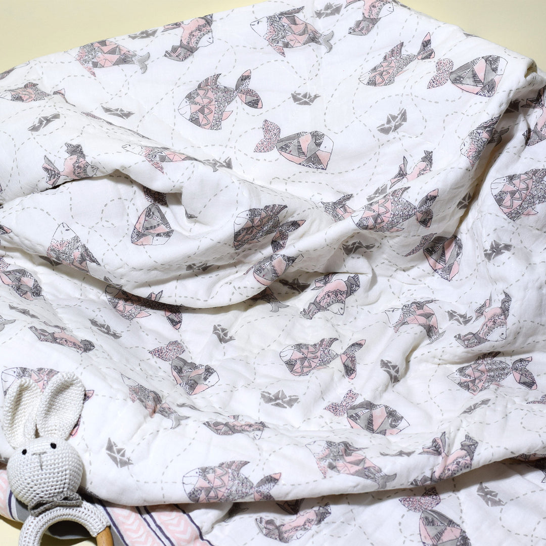 Hand Block Printed Greyscale Aquarium Quilt/Comforter