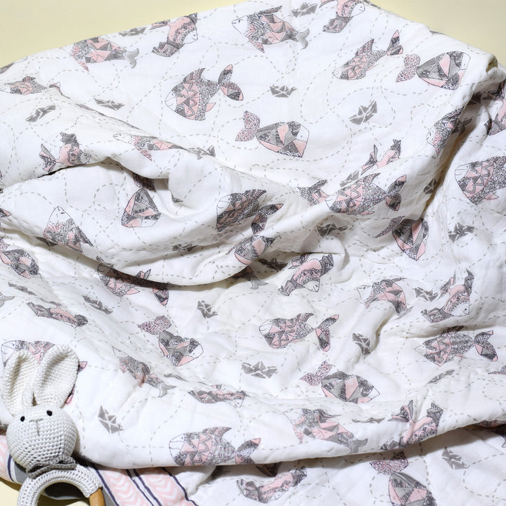 Hand Block Printed Greyscale Aquarium Quilt/Comforter