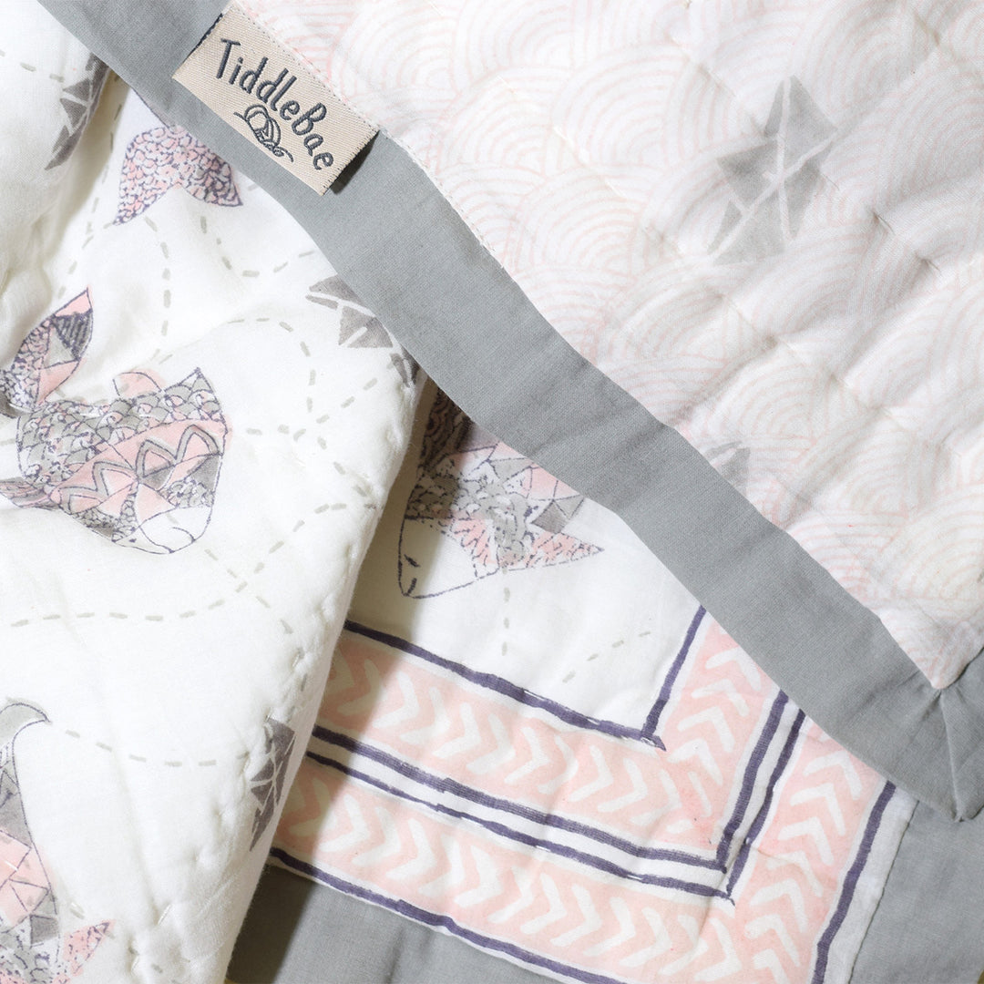 Hand Block Printed Greyscale Aquarium Quilt/Comforter