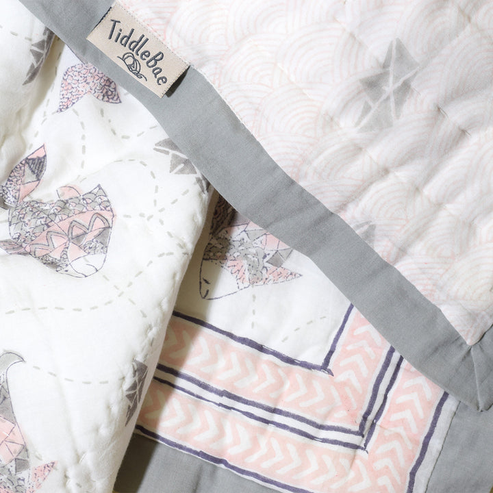 Hand Block Printed Greyscale Aquarium Quilt/Comforter