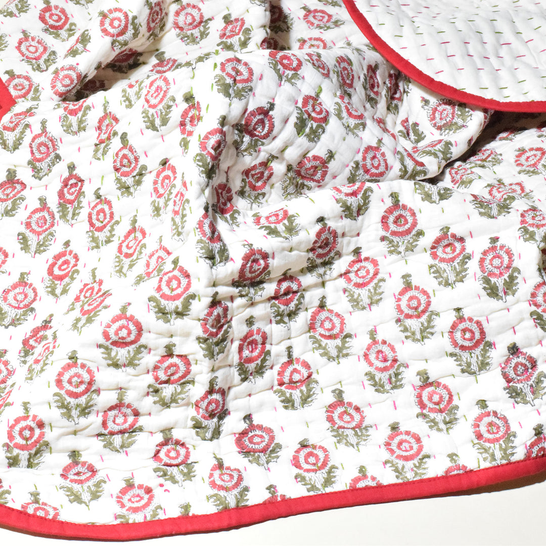 Hand Block Printed Scarlet Greens Quilt/Comforter